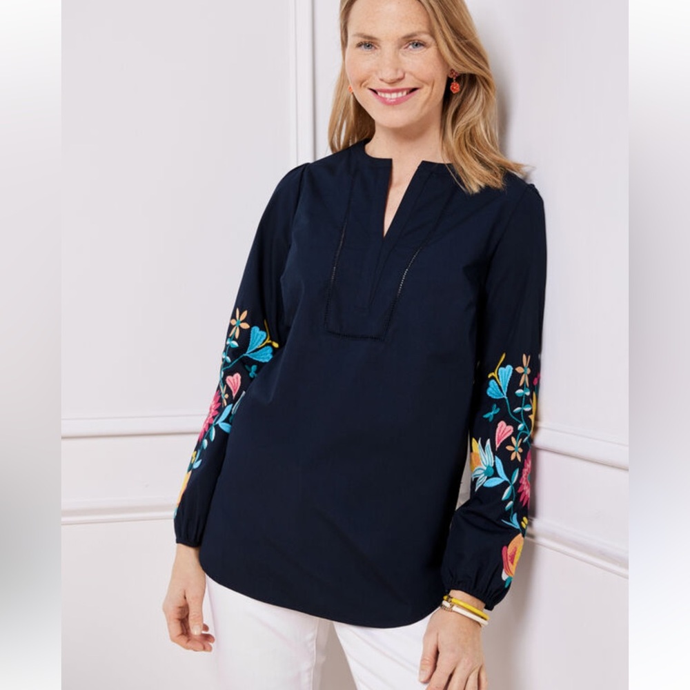 Talbots Navy Poplin Tunic Top with Colorful Floral Embroidered Sleeves